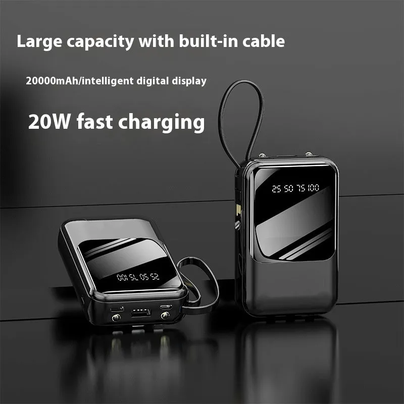 Small super fast charge power bank with cable in black plastic shell, compact design