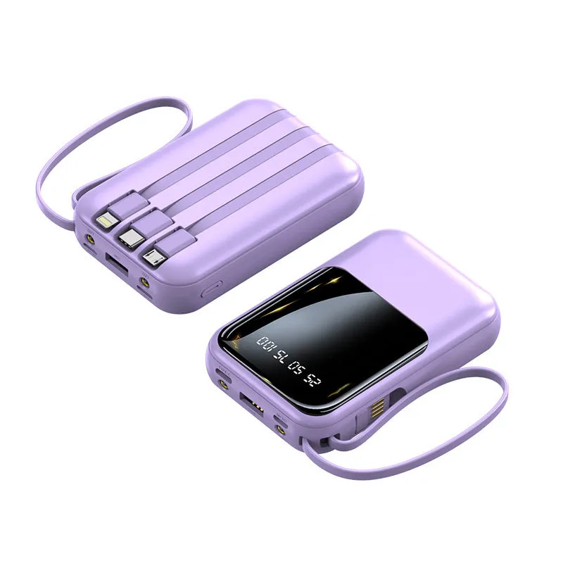 Small super fast charge power bank with cable in black plastic shell, compact design