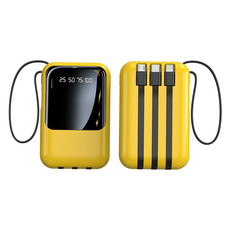 Small super fast charge power bank with cable in black plastic shell, compact design