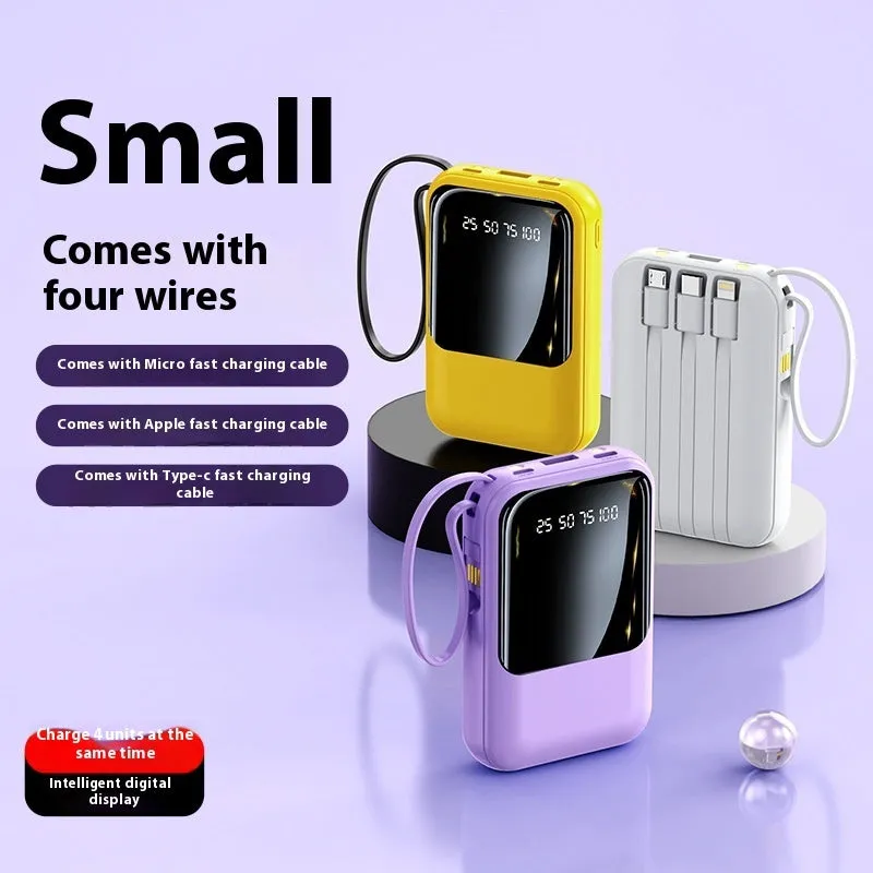 Small super fast charge power bank with cable in black plastic shell, compact design