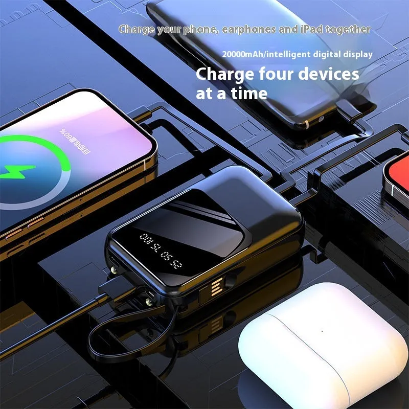 Small super fast charge power bank with cable in black plastic shell, compact design