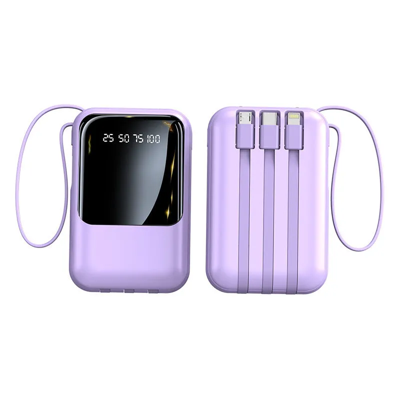 Small super fast charge power bank with cable in black plastic shell, compact design