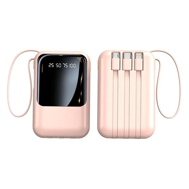 Small super fast charge power bank with cable in black plastic shell, compact design