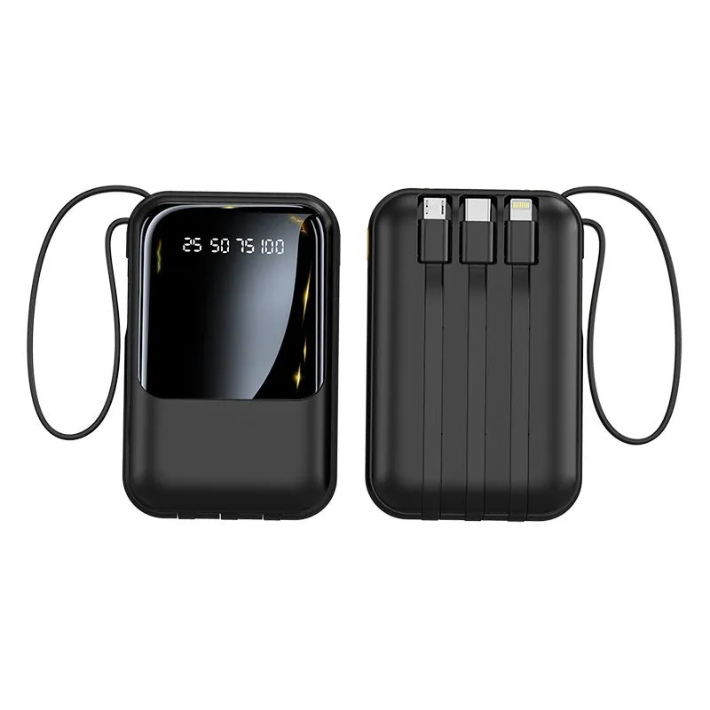 Small super fast charge power bank with cable in black plastic shell, compact design