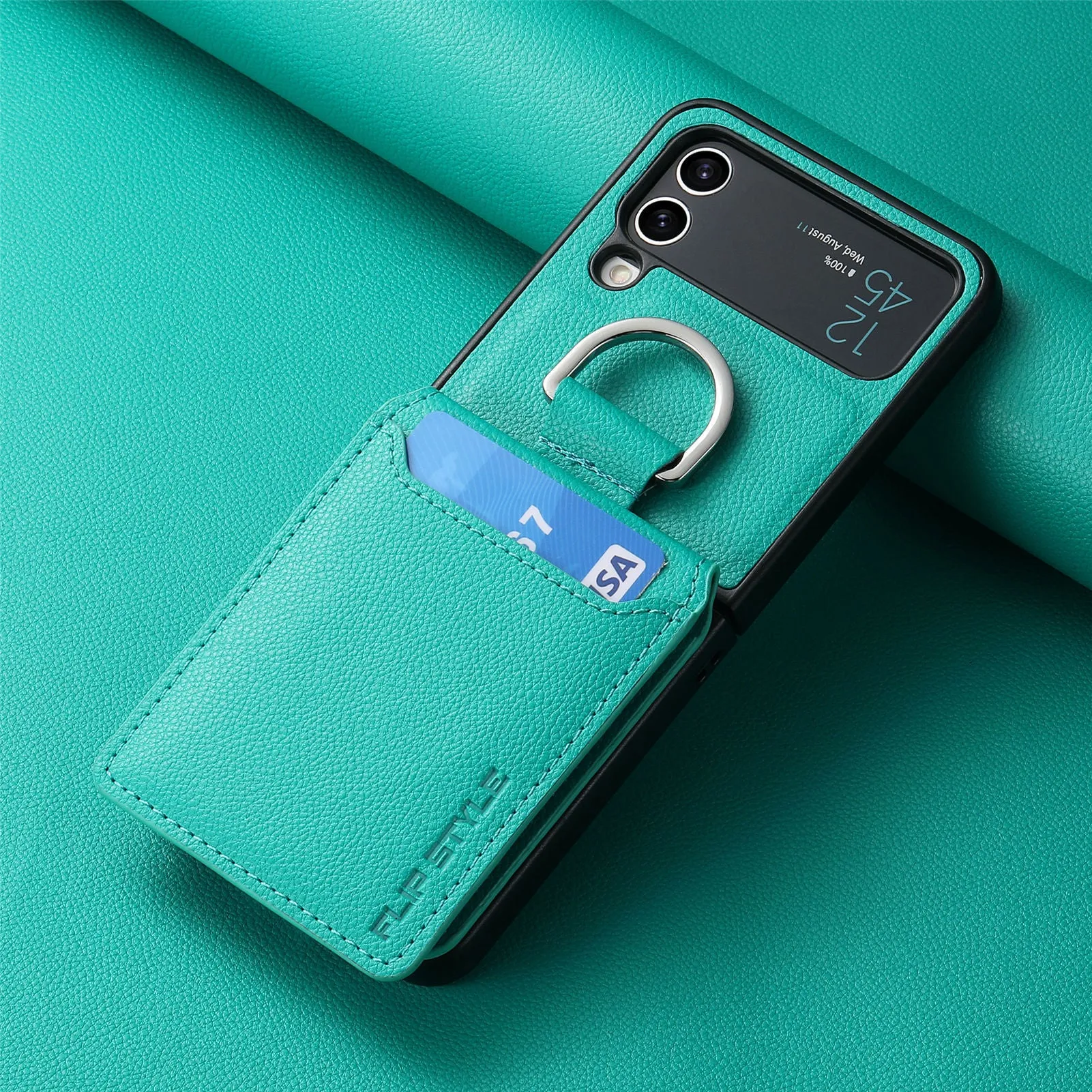 Samsung Z Flip phone case in black with ring bracket and magnetic back, shockproof PC design