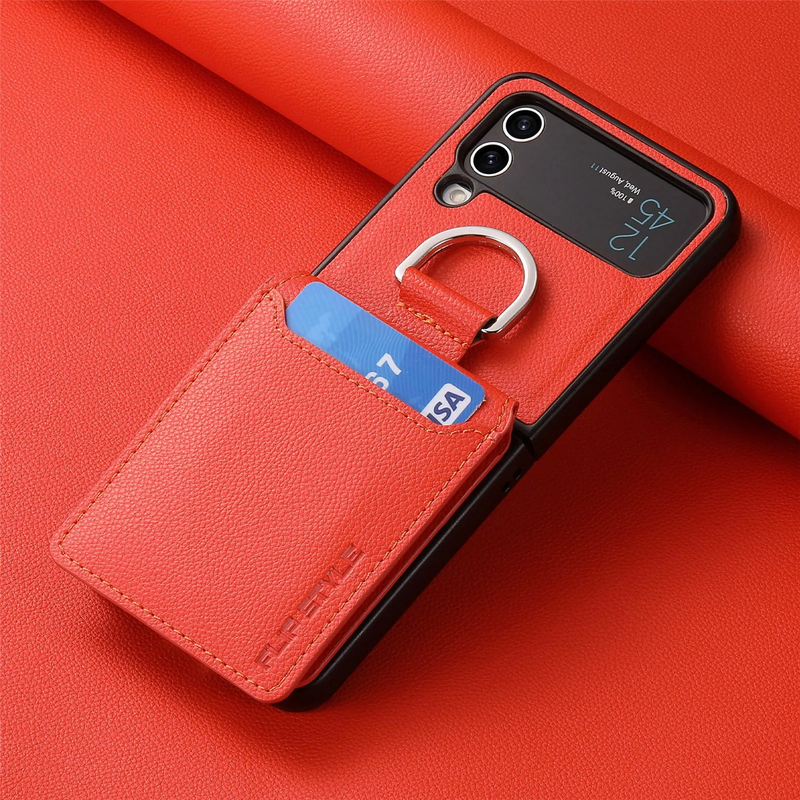 Samsung Z Flip phone case in black with ring bracket and magnetic back, shockproof PC design