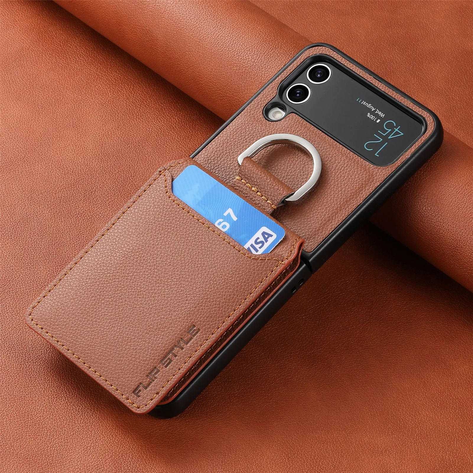 Samsung Z Flip phone case in black with ring bracket and magnetic back, shockproof PC design