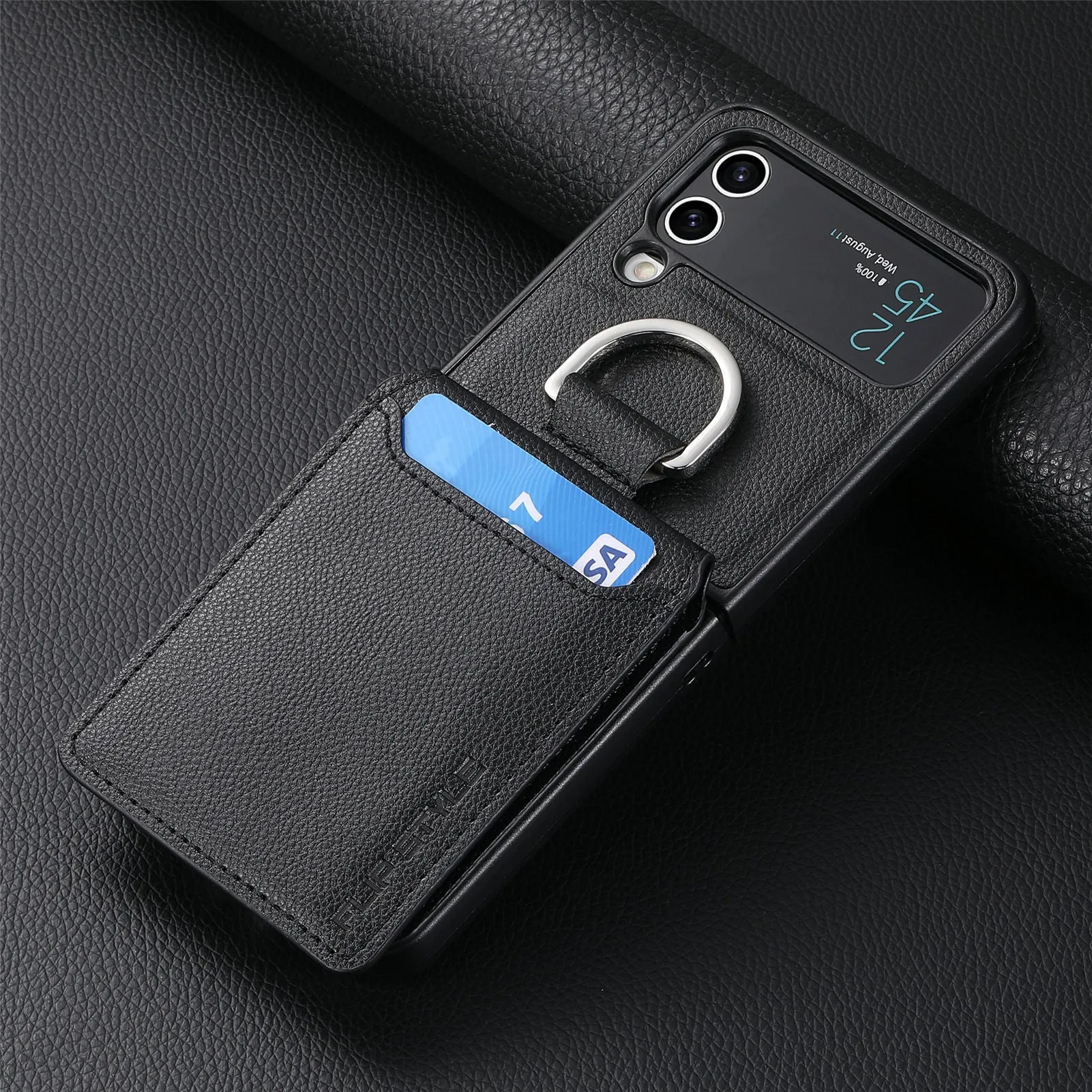 Samsung Z Flip phone case in black with ring bracket and magnetic back, shockproof PC design