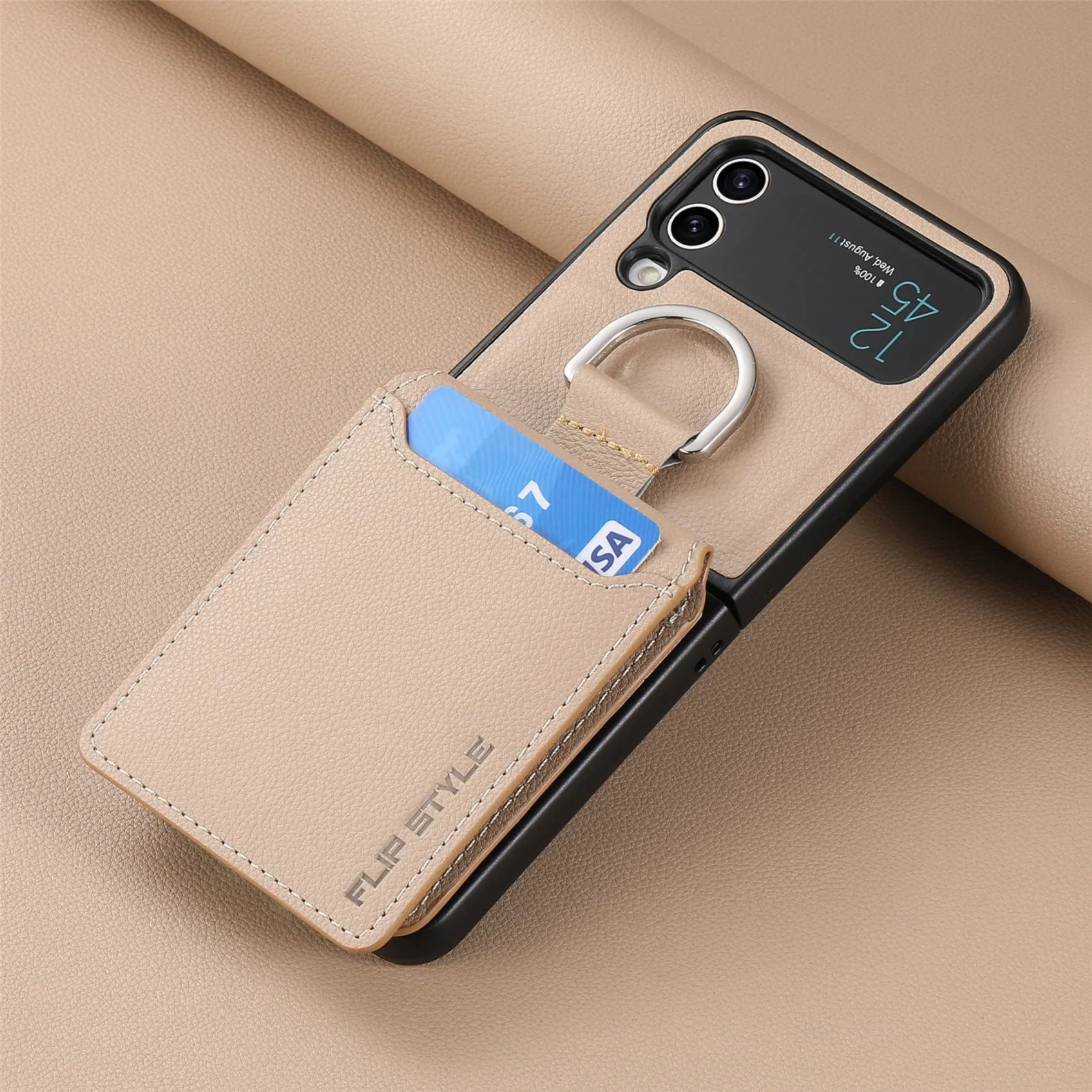 Samsung Z Flip phone case in black with ring bracket and magnetic back, shockproof PC design