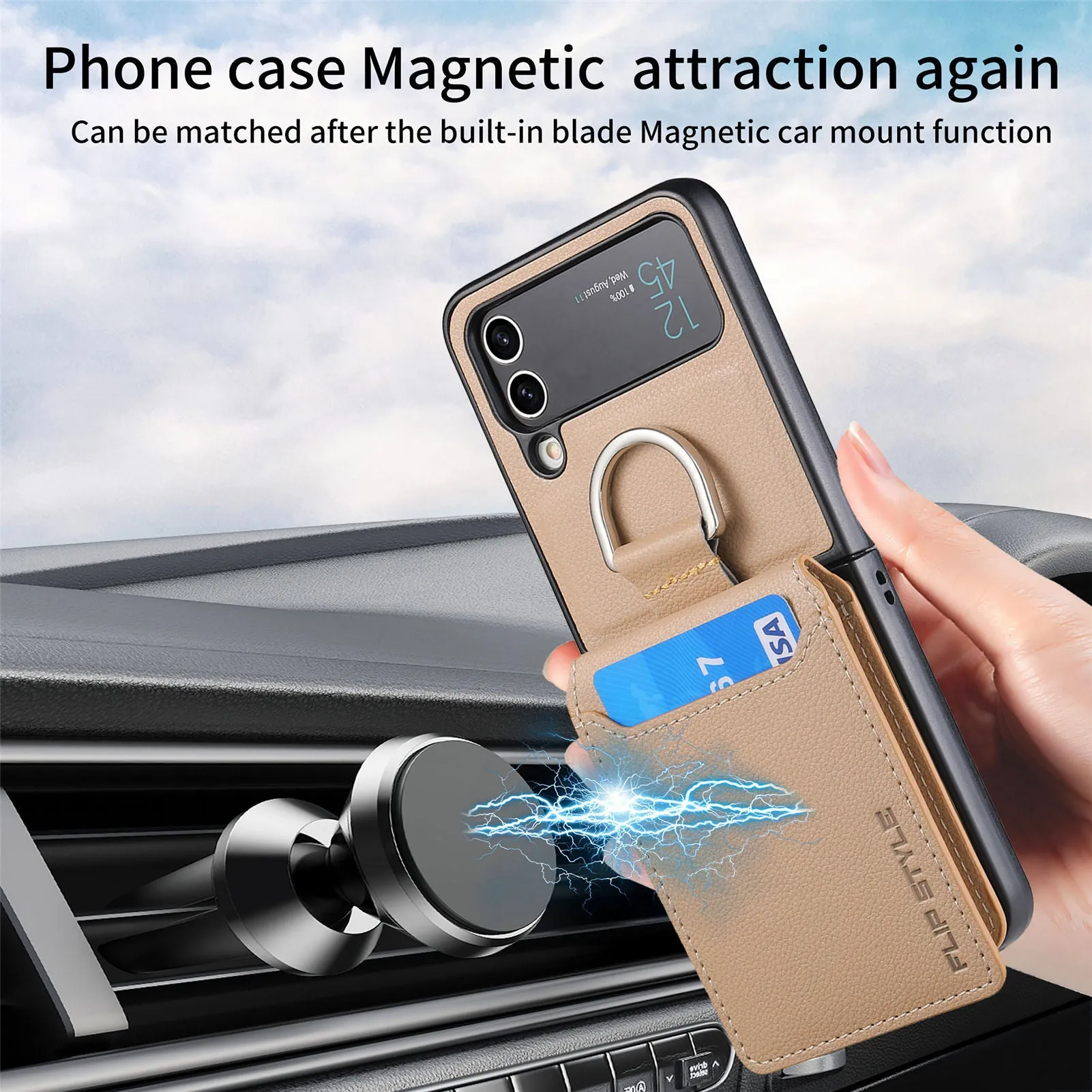 Samsung Z Flip phone case in black with ring bracket and magnetic back, shockproof PC design