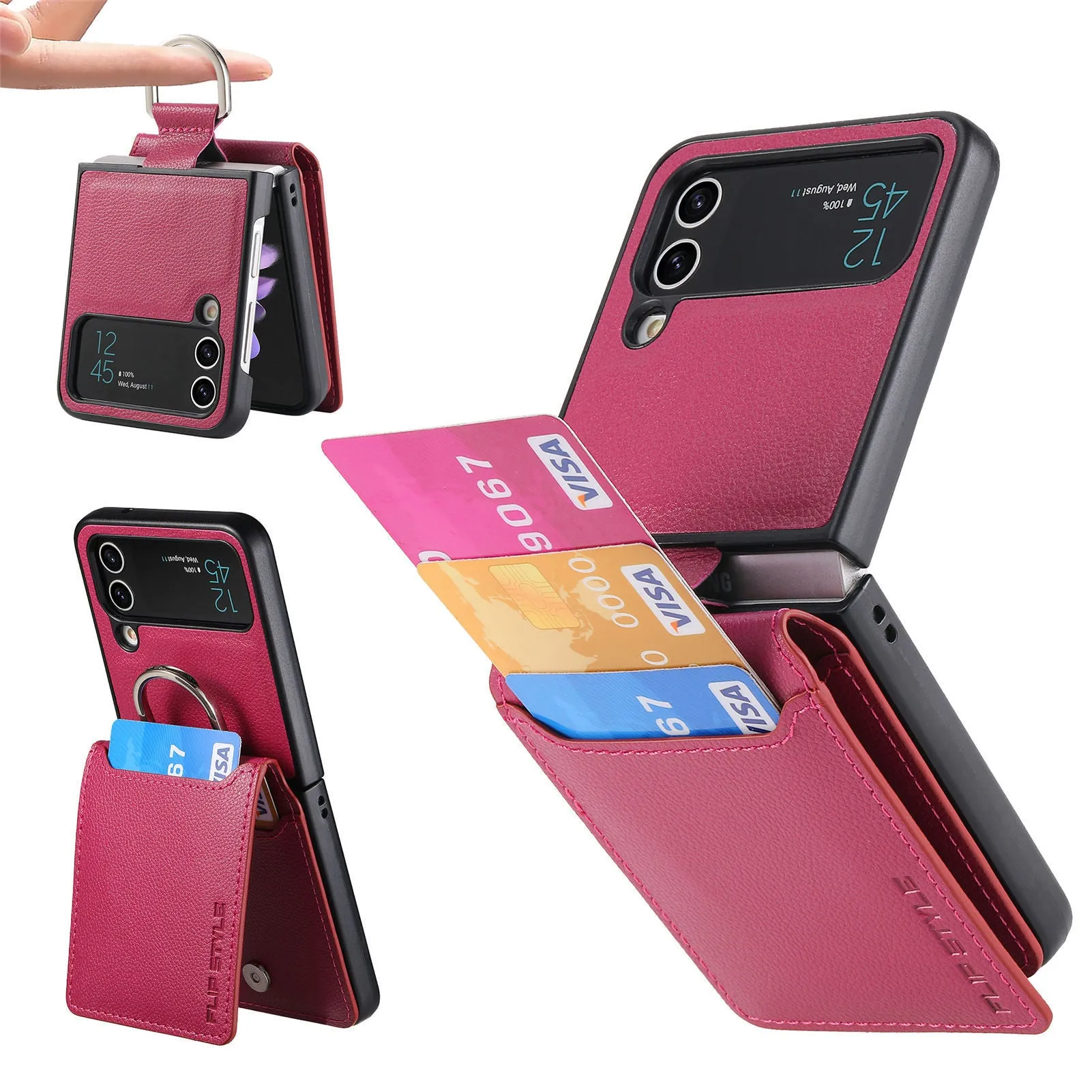 Samsung Z Flip phone case in black with ring bracket and magnetic back, shockproof PC design
