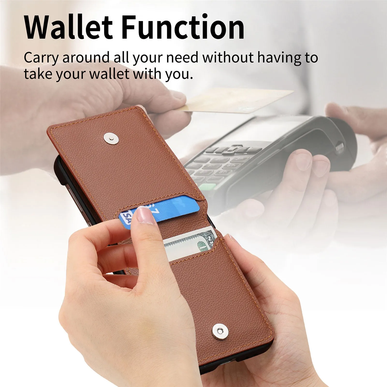 Samsung Z Flip phone case in black with ring bracket and magnetic back, shockproof PC design