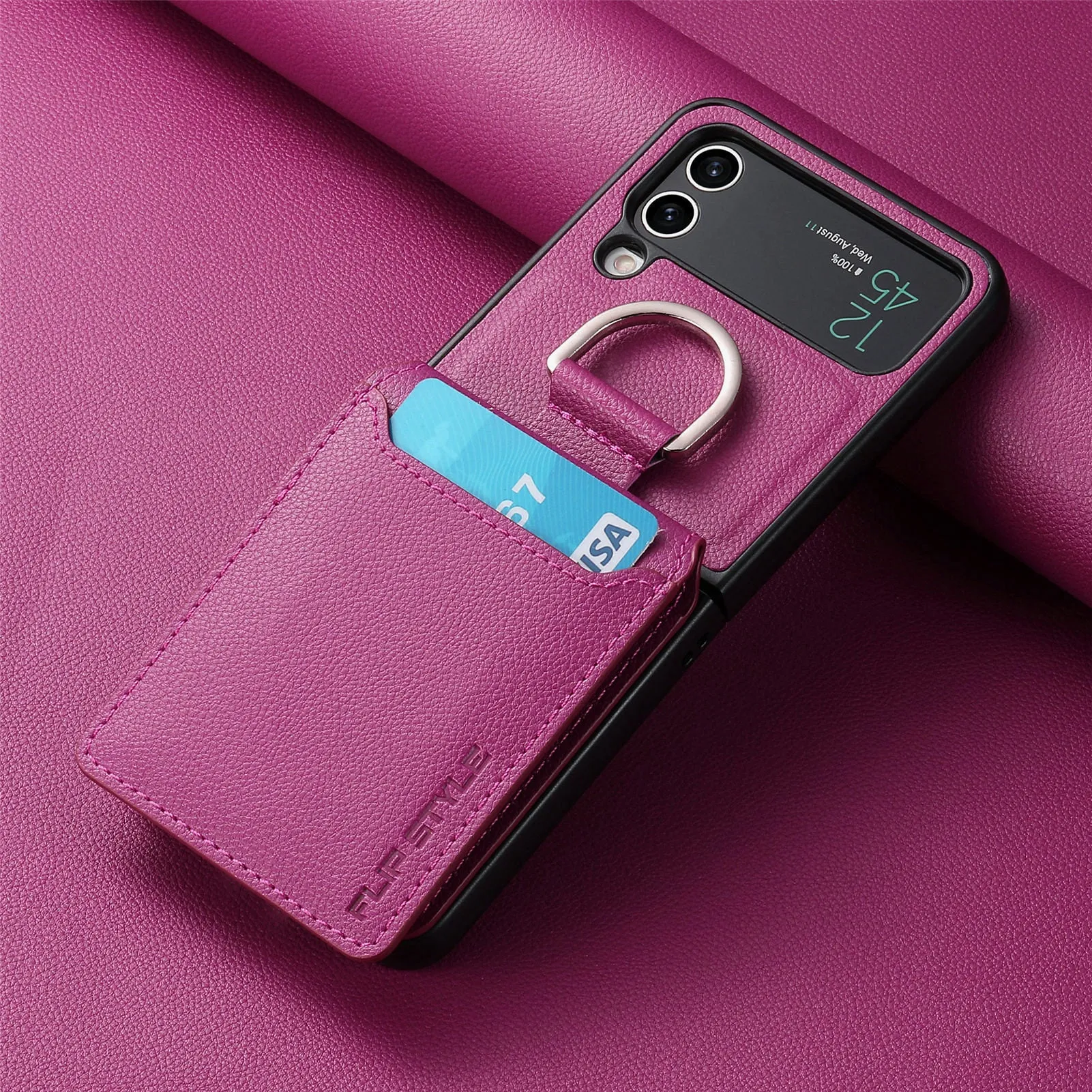 Samsung Z Flip phone case in black with ring bracket and magnetic back, shockproof PC design