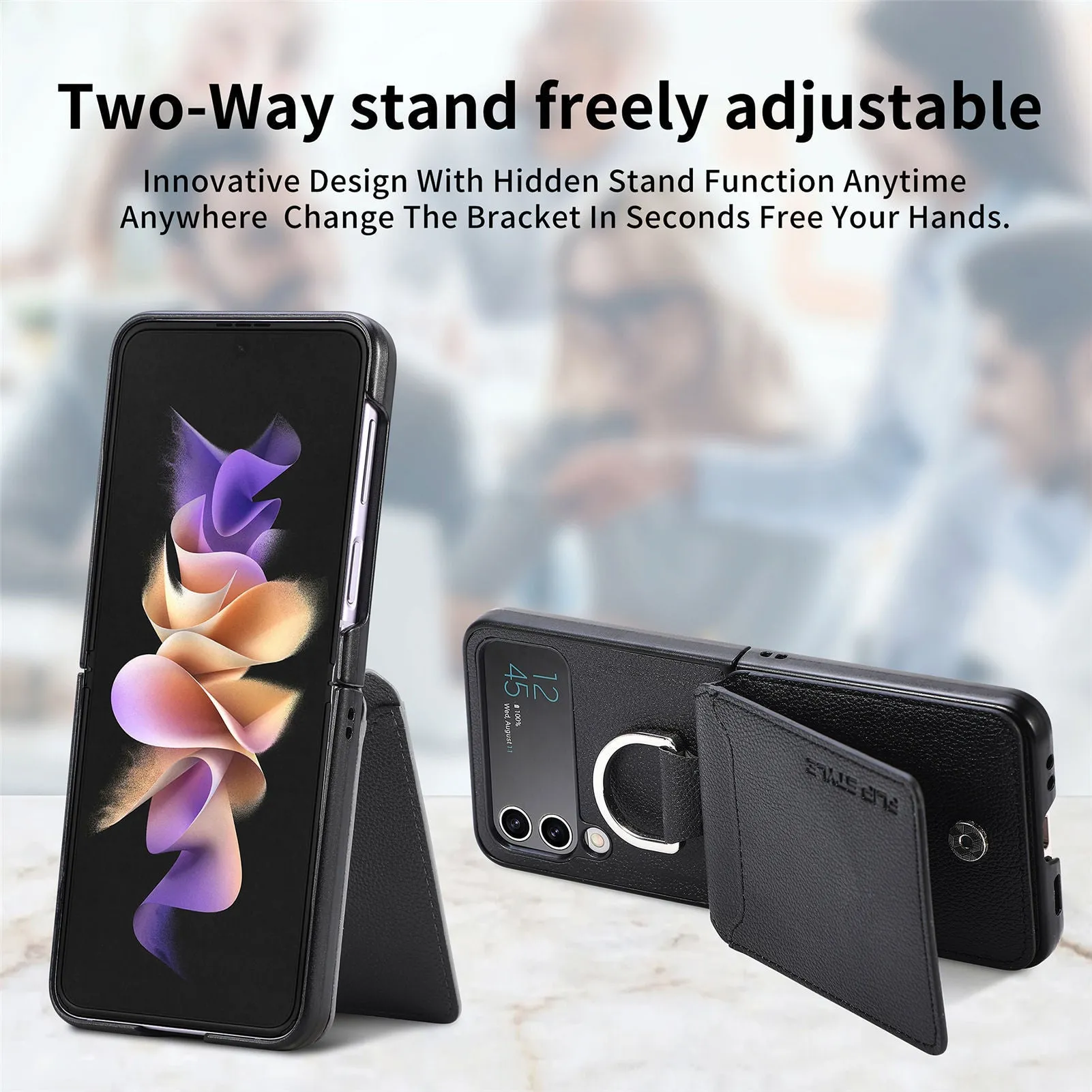 Samsung Z Flip phone case in black with ring bracket and magnetic back, shockproof PC design