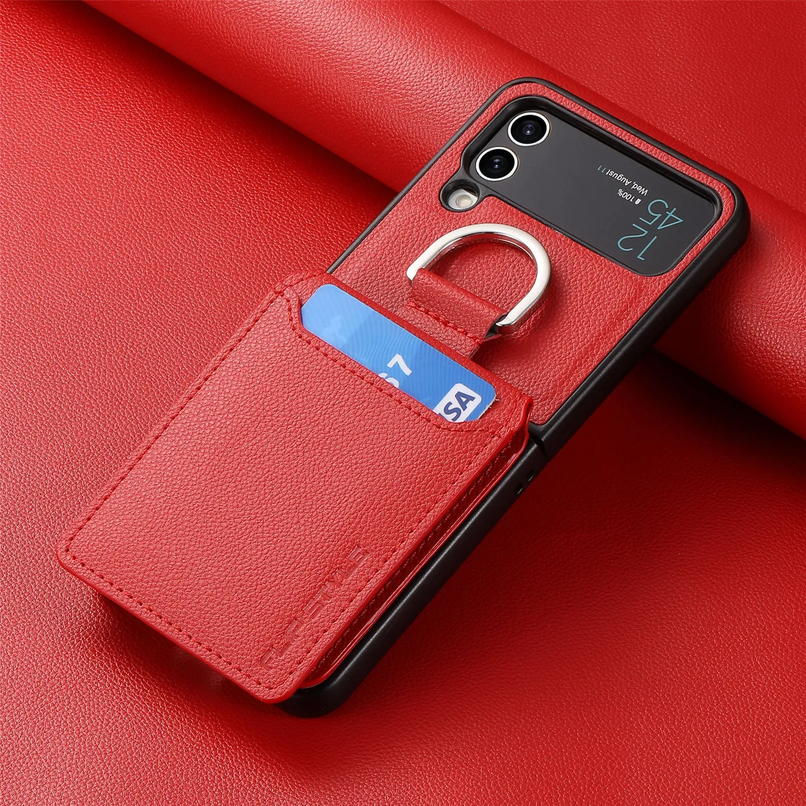 Samsung Z Flip phone case in black with ring bracket and magnetic back, shockproof PC design