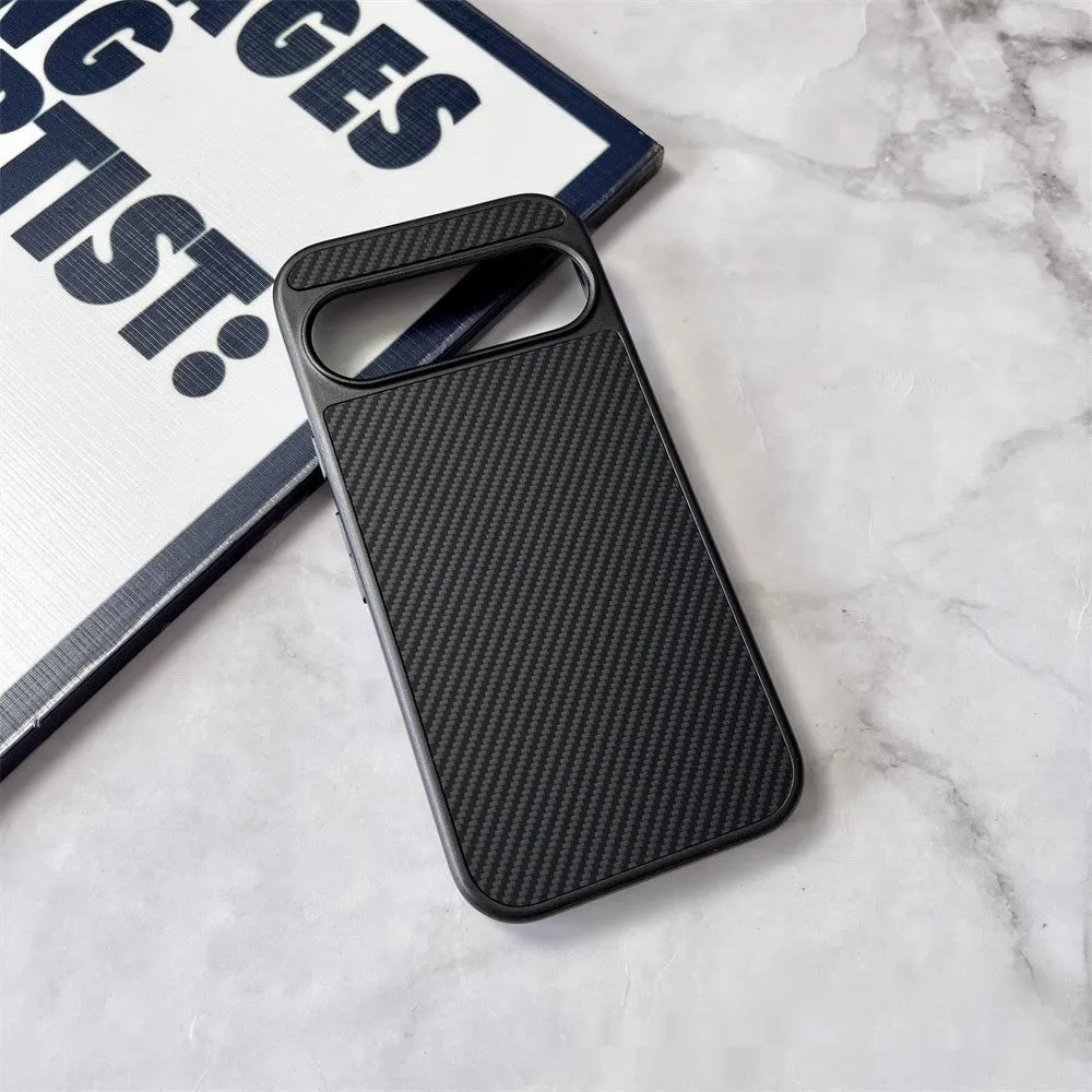Carbon fiber texture PC phone case for Google Pixel 9, titanium gray with frosted finish, rear view