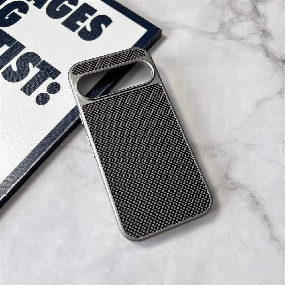 Carbon fiber texture PC phone case for Google Pixel 9, titanium gray with frosted finish, rear view