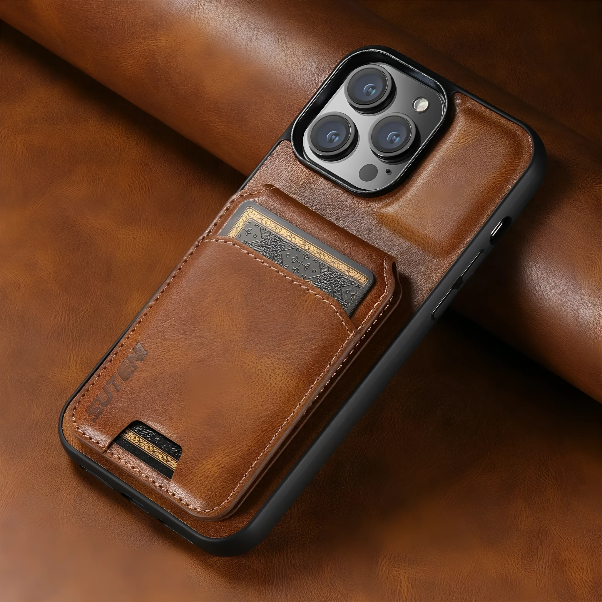 H02 Black PU leather card phone case with kickstand for iPhone, handmade TPU bumper wallet case