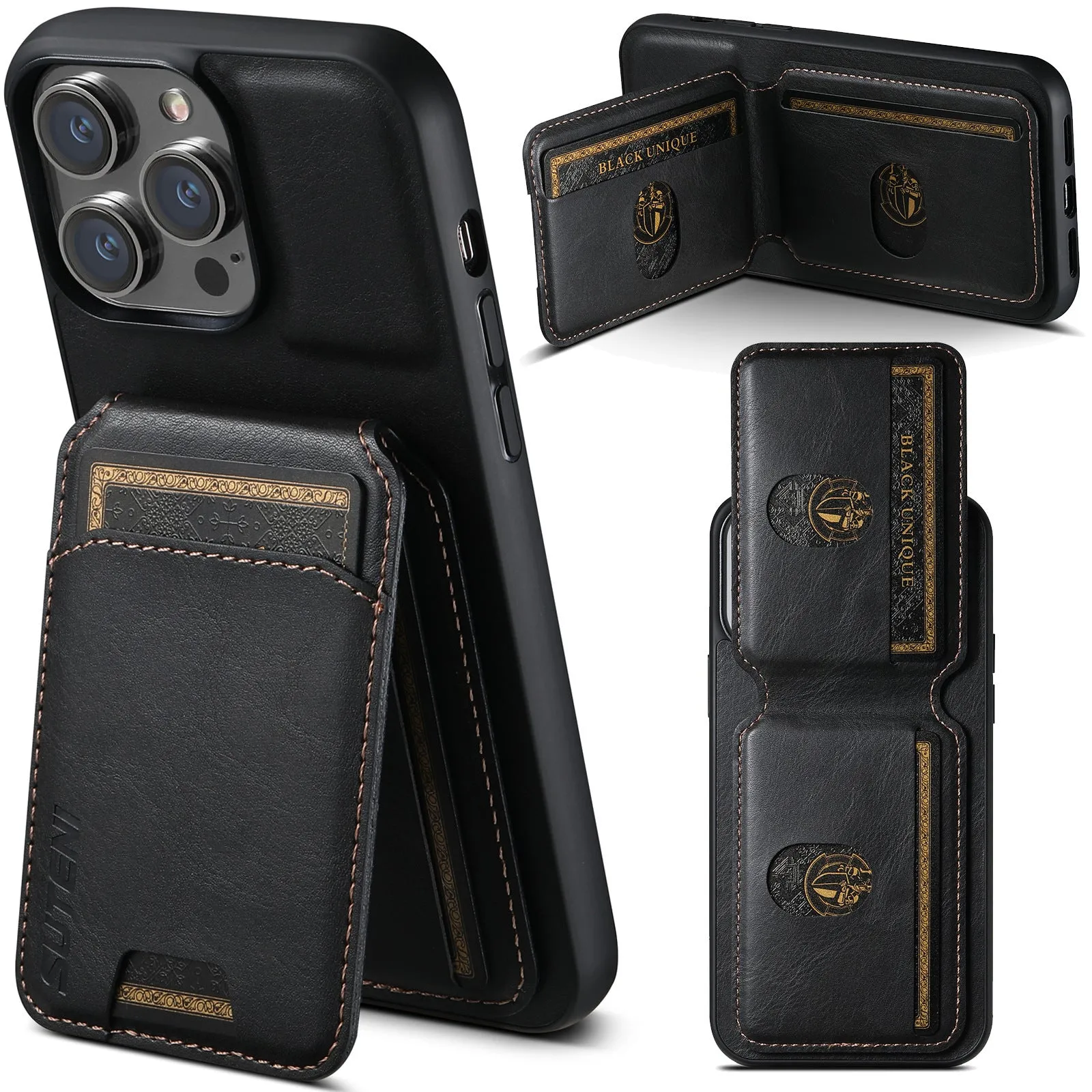 H02 Black PU leather card phone case with kickstand for iPhone, handmade TPU bumper wallet case