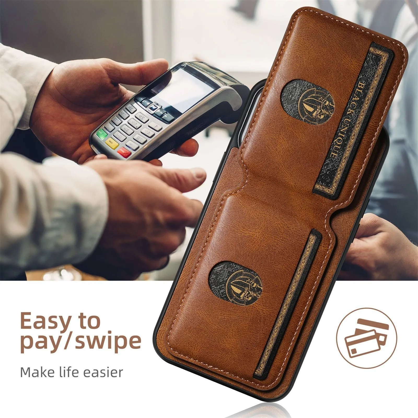 H02 Black PU leather card phone case with kickstand for iPhone, handmade TPU bumper wallet case