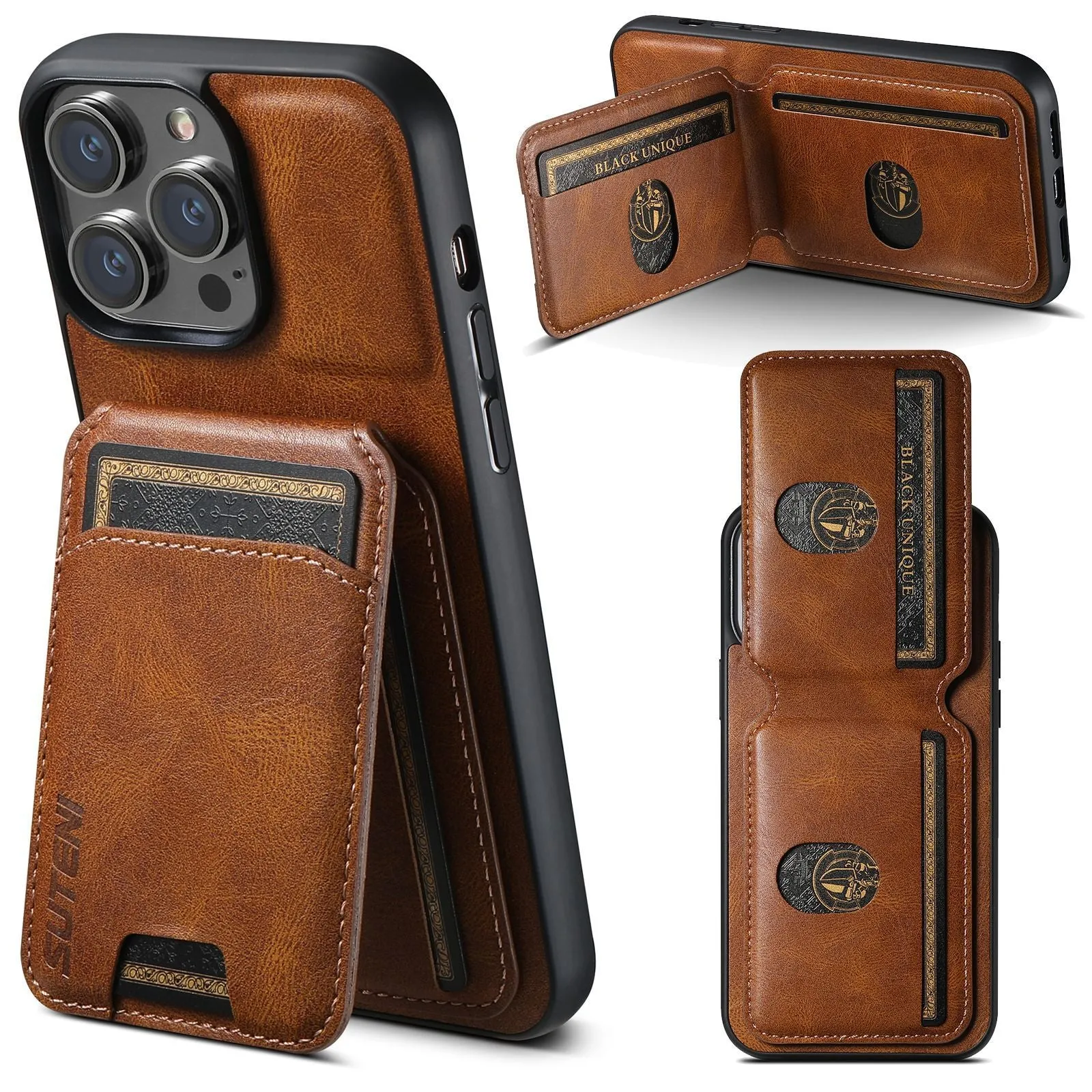 H02 Black PU leather card phone case with kickstand for iPhone, handmade TPU bumper wallet case