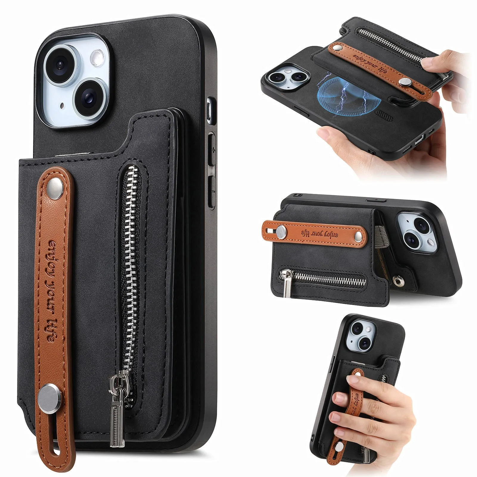 Flip left and right open card holder wallet shell phone case for iPhone, imitation leather, black colour