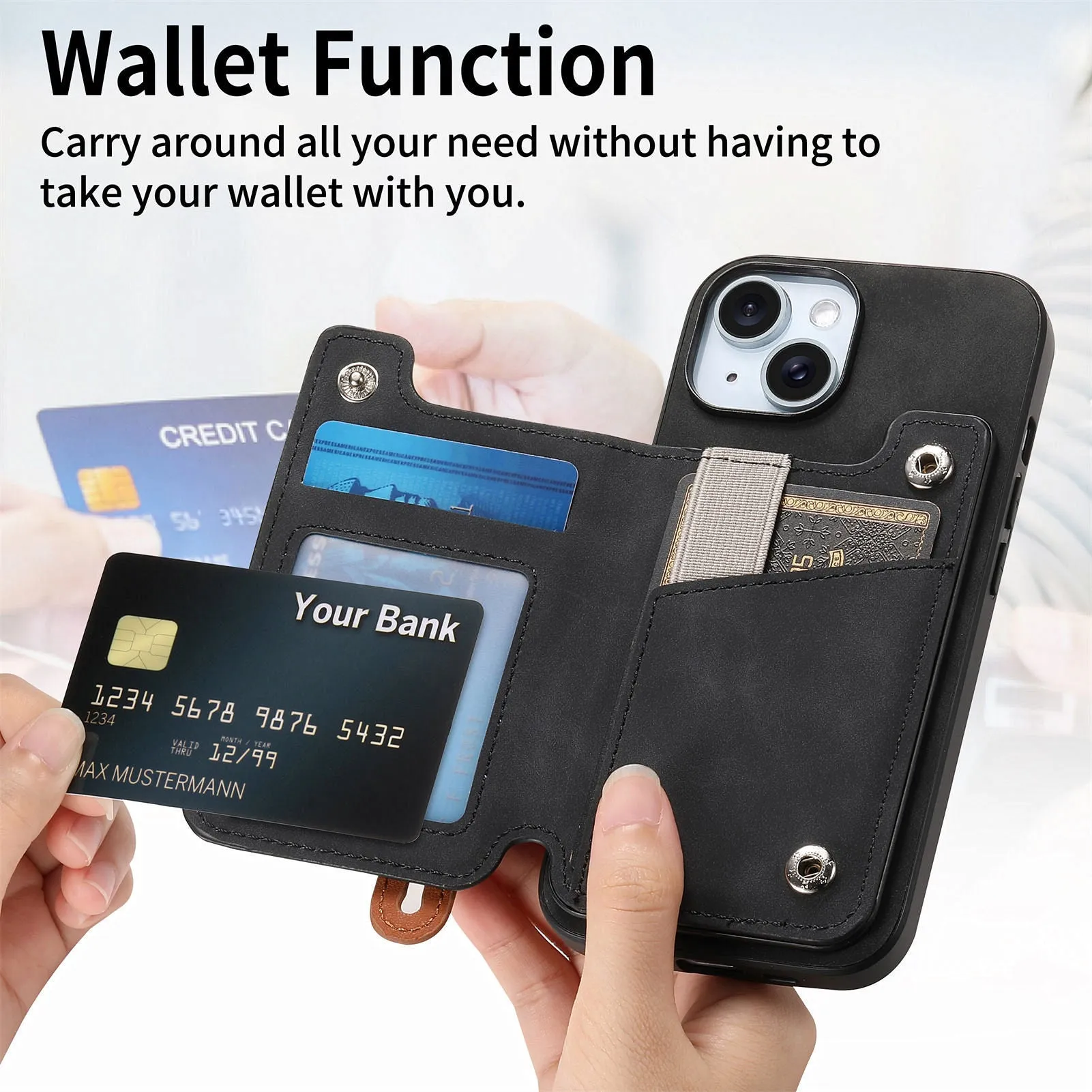 Flip left and right open card holder wallet shell phone case for iPhone, imitation leather, black colour