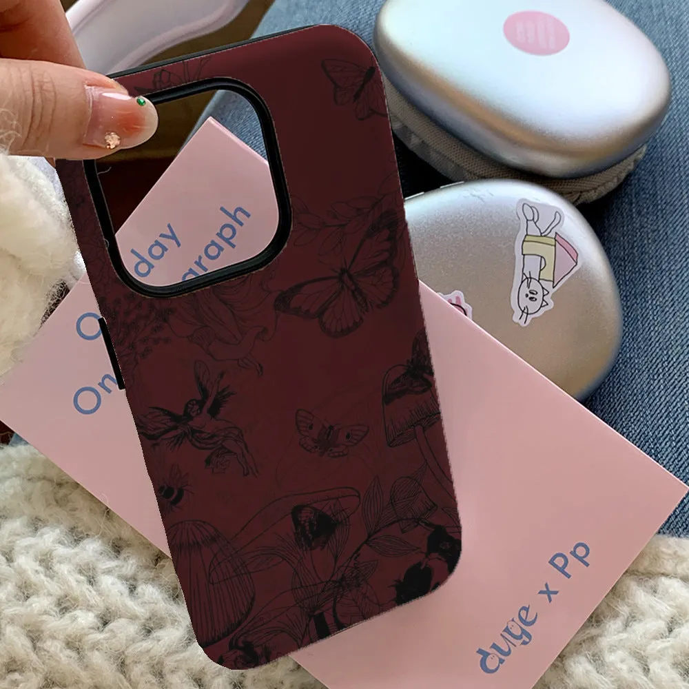 Retro butterfly and floral oil-painting print phone case in red, anti-fingerprint, for iPhone 11-16