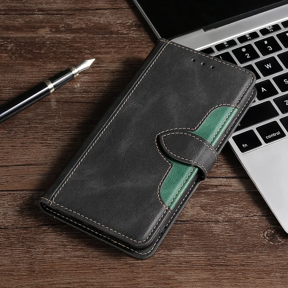 Flip phone case with card holder and bracket for iPhone in black, showing back panel with card slot and side bracket
