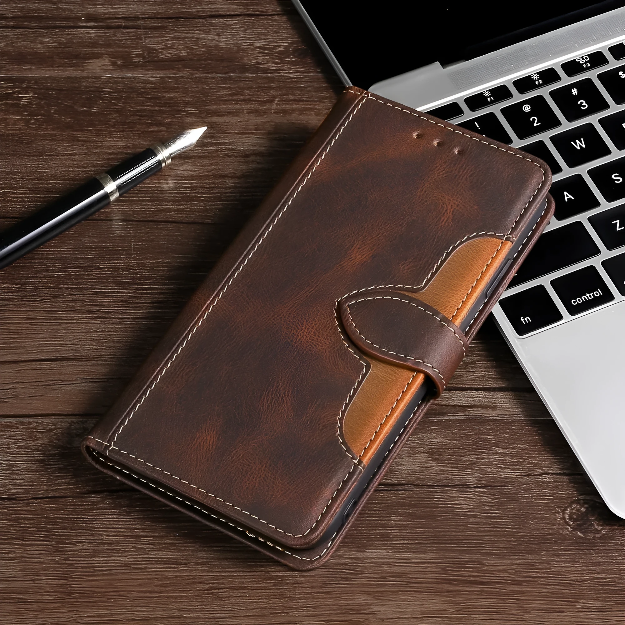 Flip phone case with card holder and bracket for iPhone in black, showing back panel with card slot and side bracket