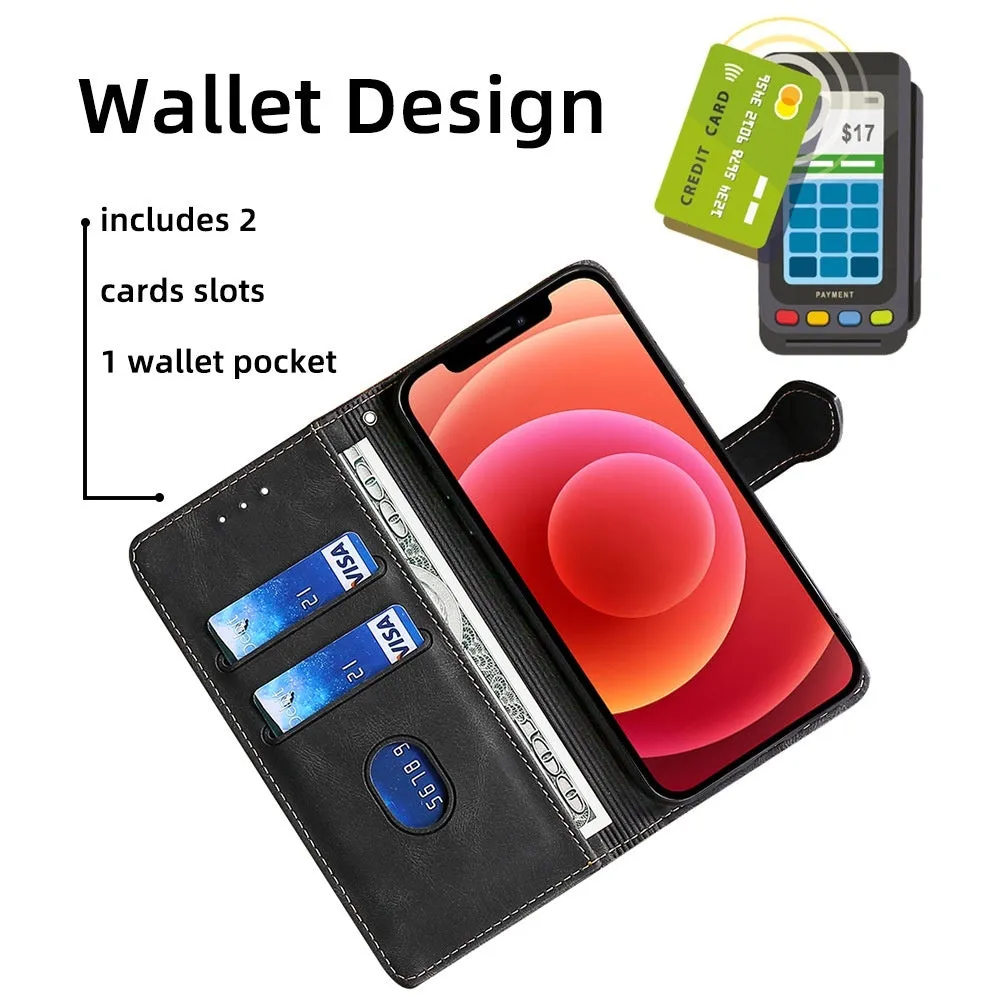 Flip phone case with card holder and bracket for iPhone in black, showing back panel with card slot and side bracket