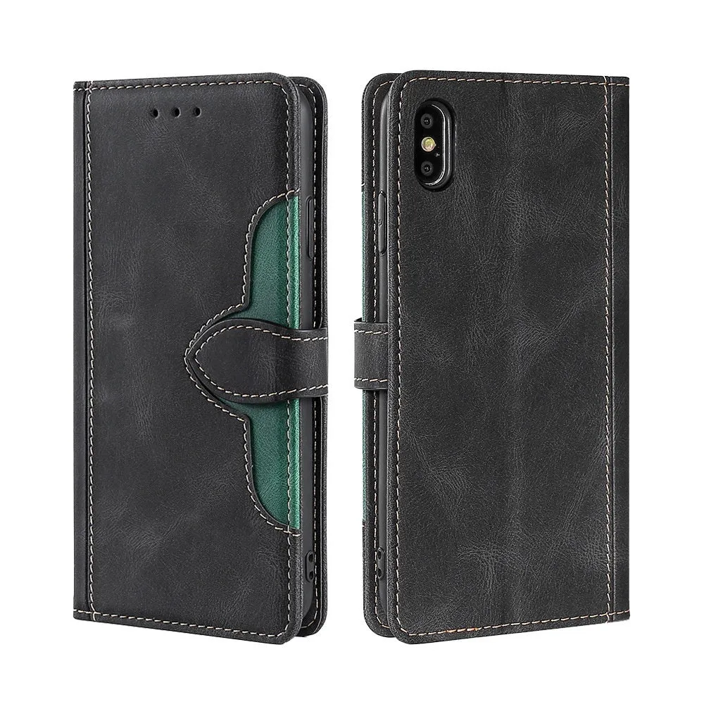 Flip phone case with card holder and bracket for iPhone in black, showing back panel with card slot and side bracket
