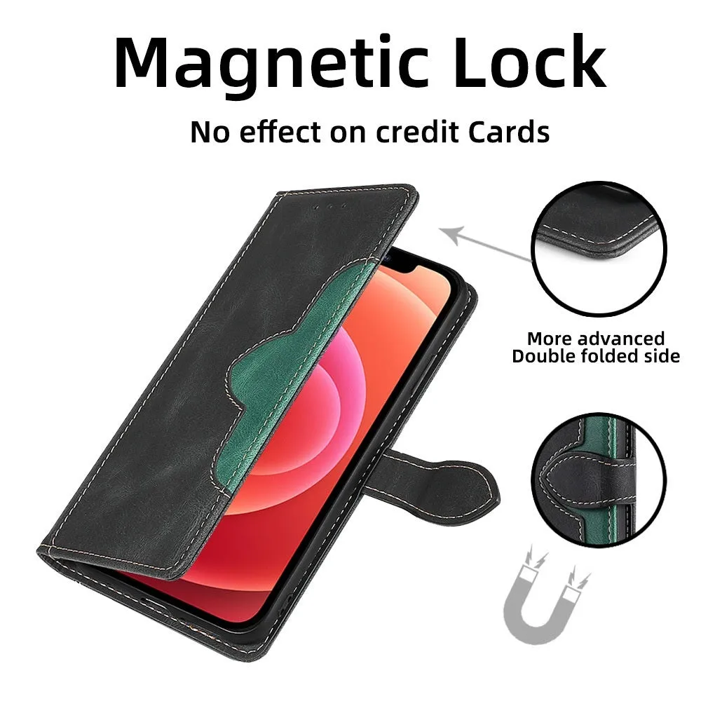 Flip phone case with card holder and bracket for iPhone in black, showing back panel with card slot and side bracket