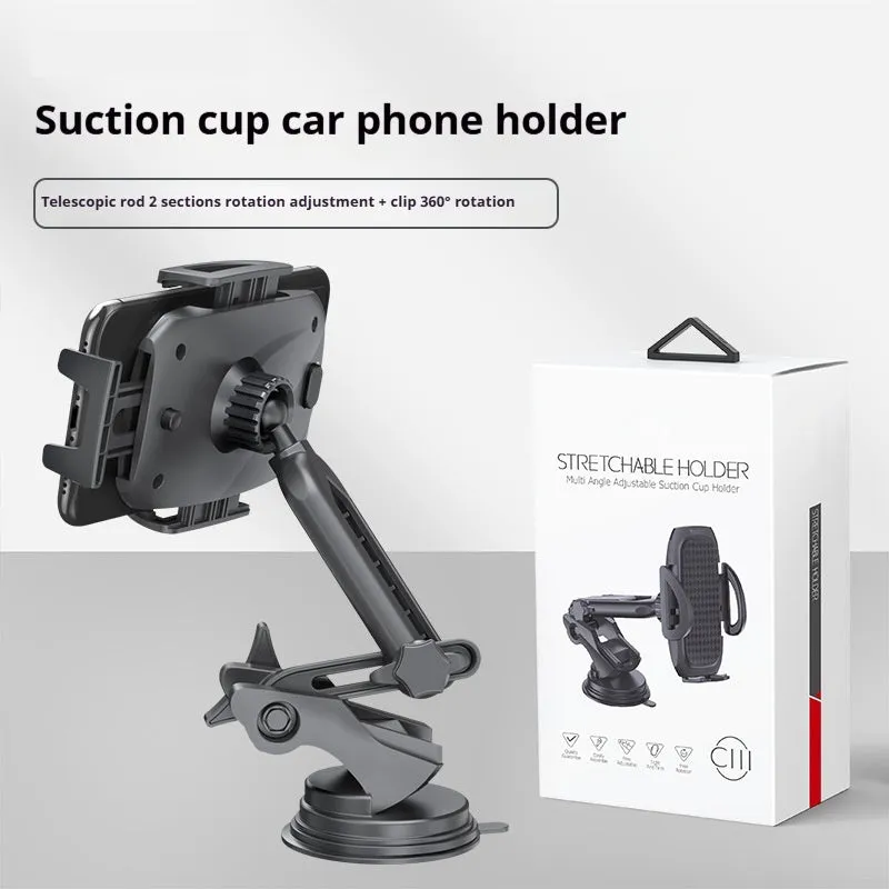 Black ABS silicone car phone bracket with suction cup and telescopic arm mounted on dashboard