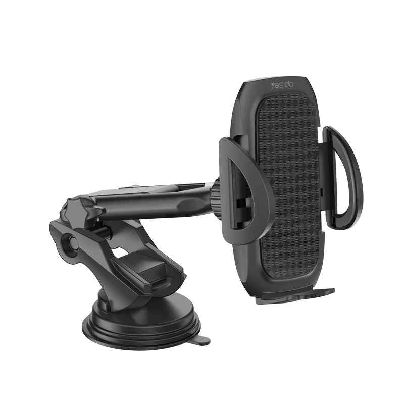 Black ABS silicone car phone bracket with suction cup and telescopic arm mounted on dashboard