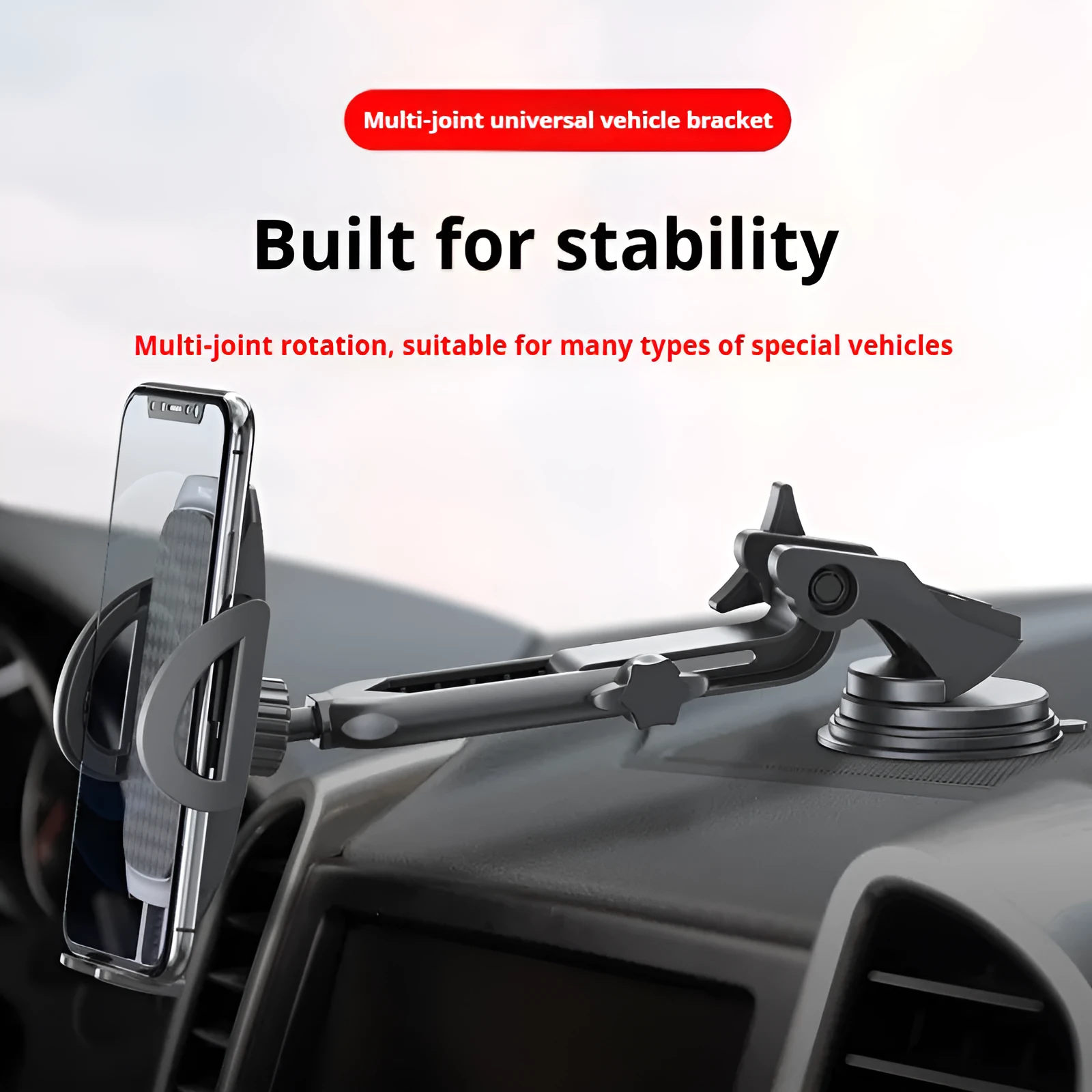 Black ABS silicone car phone bracket with suction cup and telescopic arm mounted on dashboard