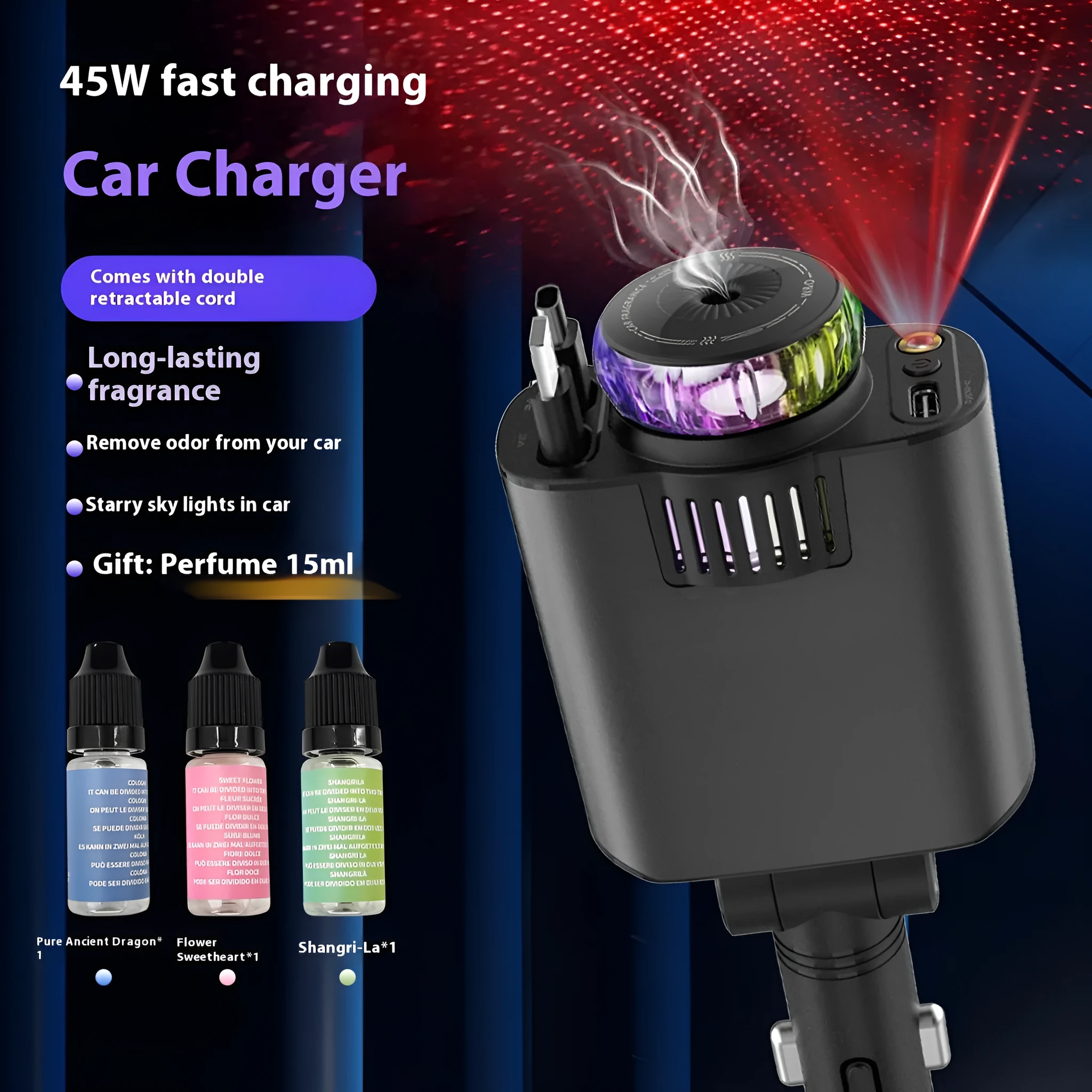 Perfume Starry Sky 120W fast charge car charger with Type-C output, ambience light, and aromatherapy spray accessories