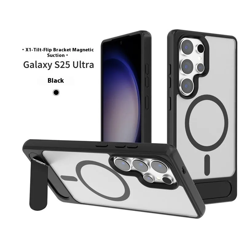 Magnetic suction phone case for Samsung S25 Ultra with Magsafe oblique turning bracket in black