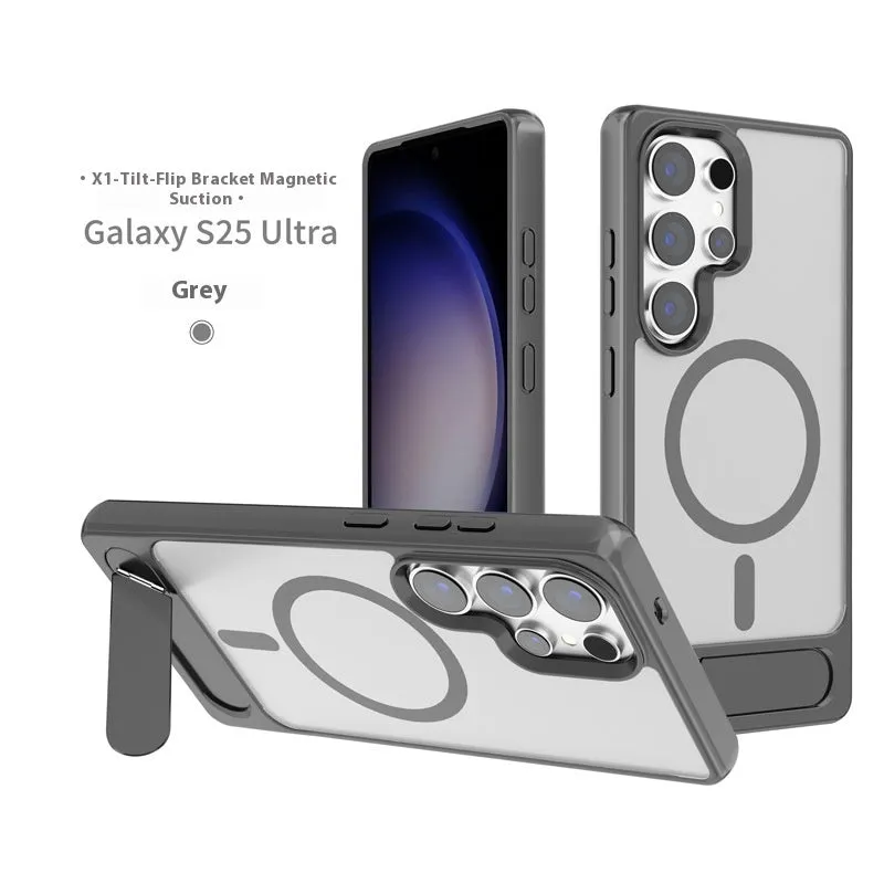 Magnetic suction phone case for Samsung S25 Ultra with Magsafe oblique turning bracket in black