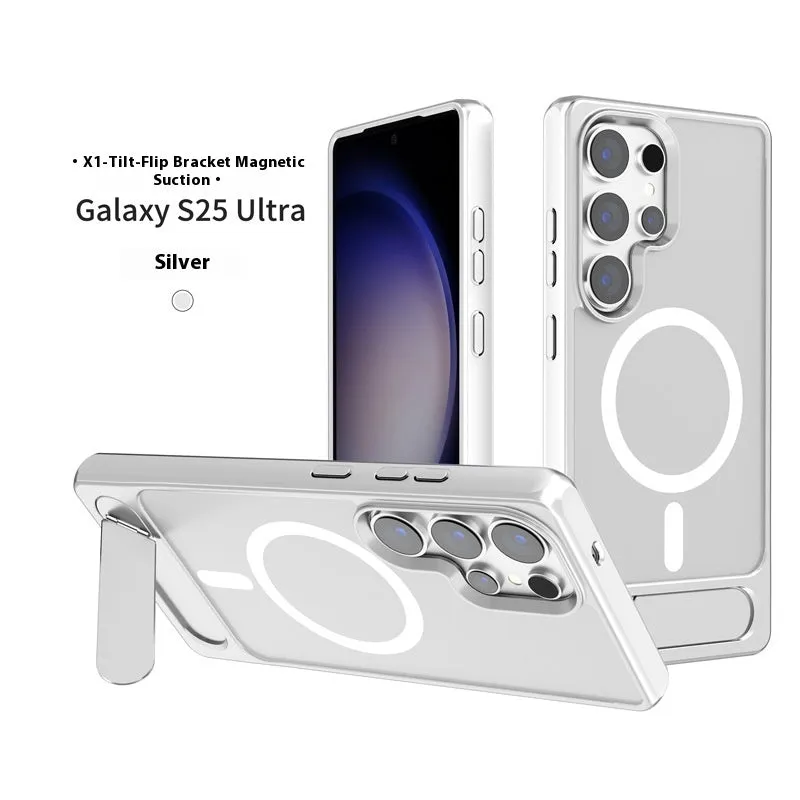 Magnetic suction phone case for Samsung S25 Ultra with Magsafe oblique turning bracket in black