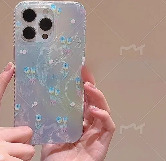 Ins laser gradient star full package hard acrylic phone case for iPhone 11 12 12 Pro with Blue Tulip Flowers design
