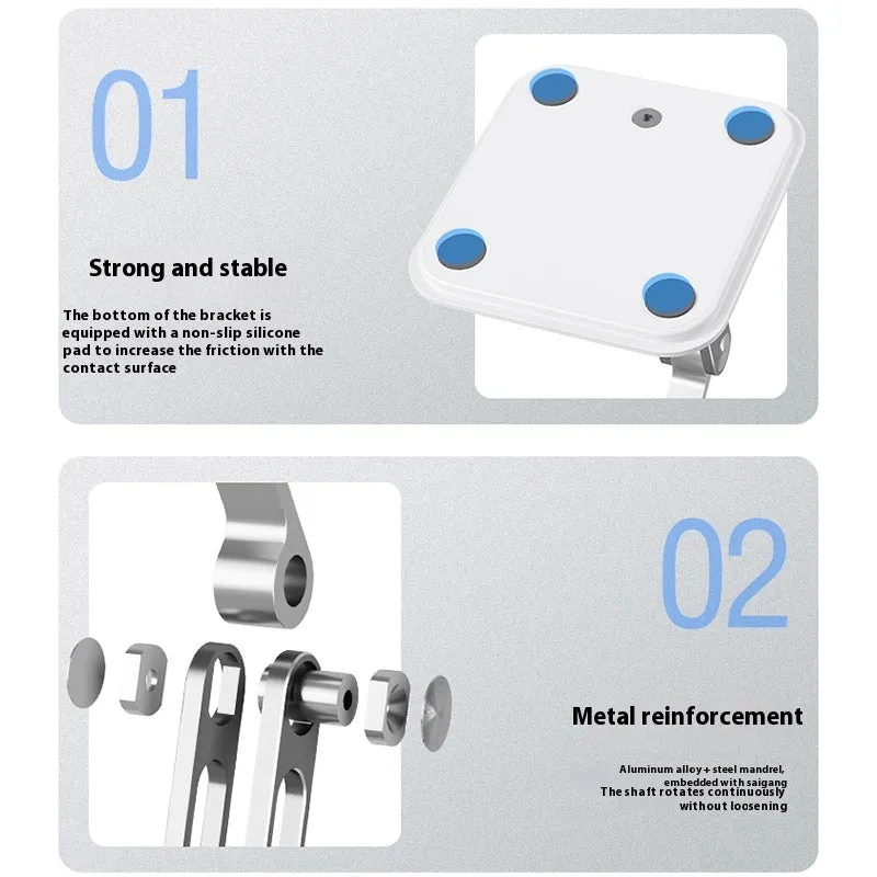 White aluminium alloy folding tablet and phone stand on a desk, folded size 20x13.6x8.3cm