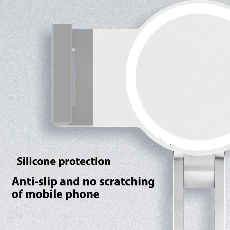 White aluminium alloy folding tablet and phone stand on a desk, folded size 20x13.6x8.3cm