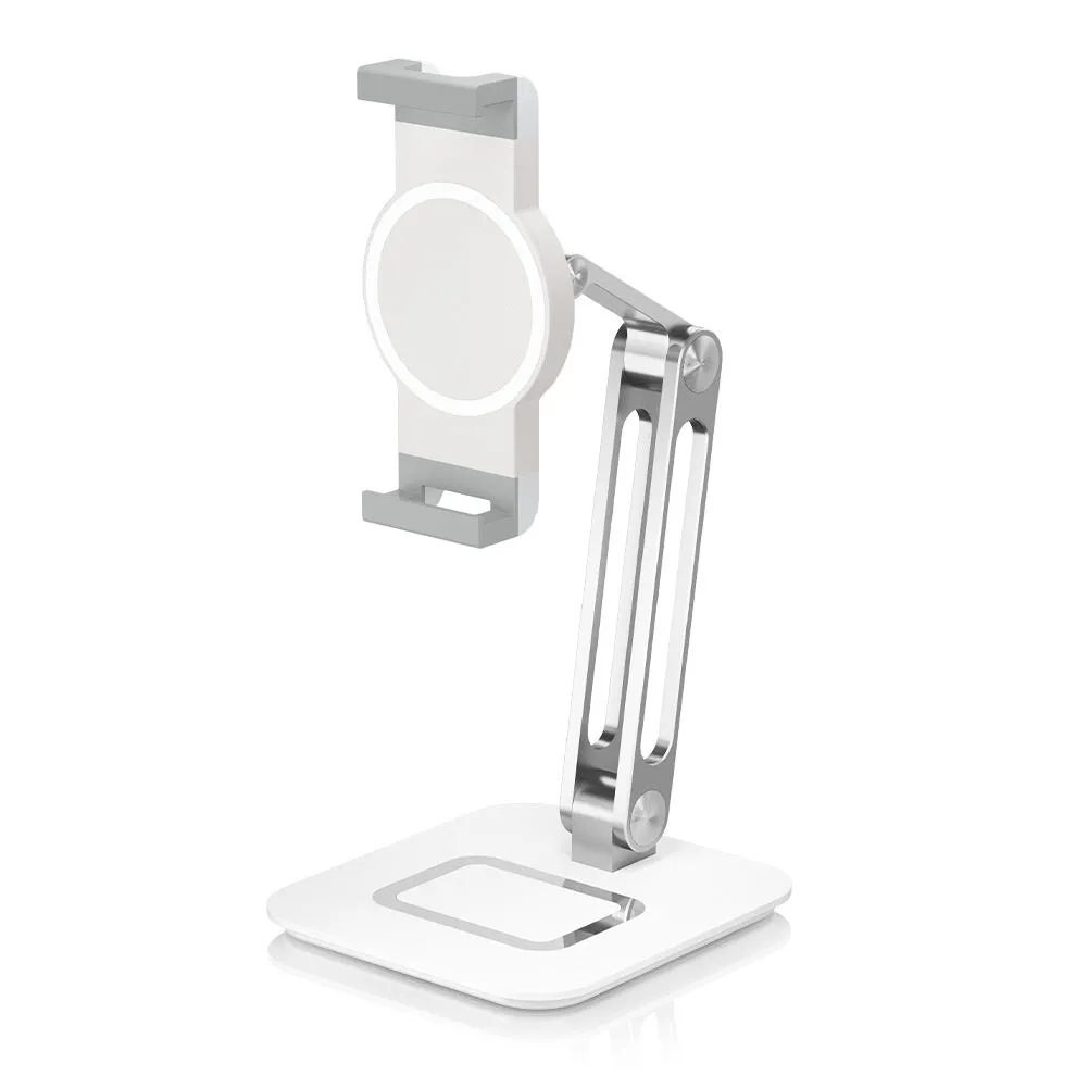 White aluminium alloy folding tablet and phone stand on a desk, folded size 20x13.6x8.3cm