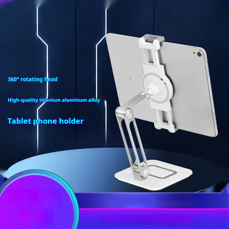White aluminium alloy folding tablet and phone stand on a desk, folded size 20x13.6x8.3cm