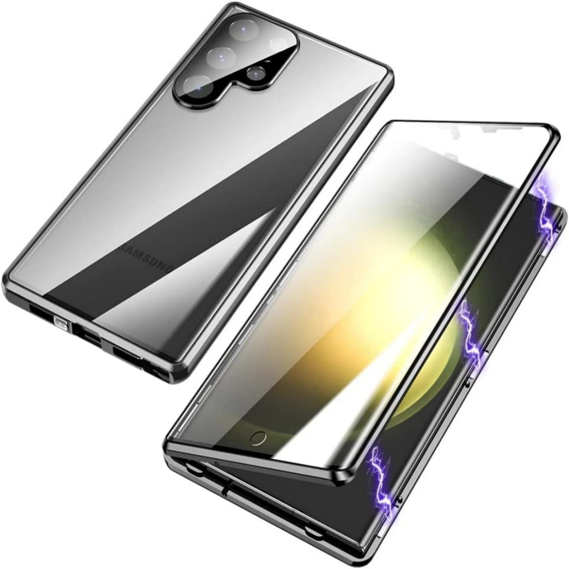 Magnetic King HD metal magnetic buckle phone case for Samsung S25 series in black, aluminium alloy glass