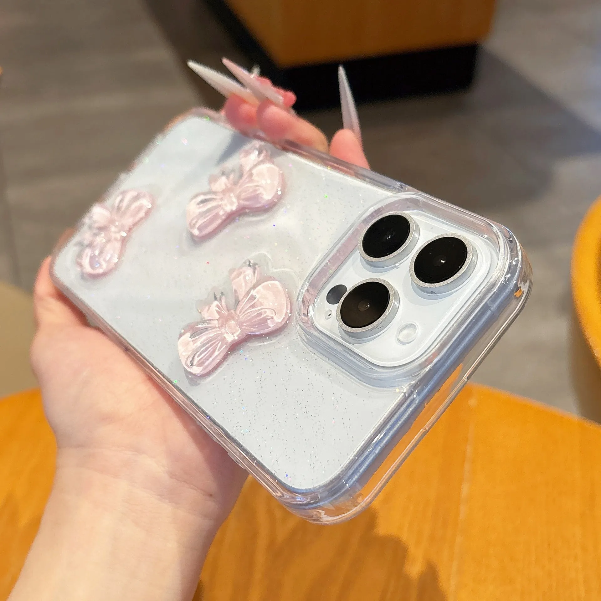 Pink bow knot epoxy transparent phone case with silicone bumper for iPhone