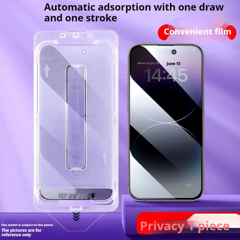 Tempered glass screen protector for iPhone with anti-peep privacy feature, ultra clear option, and dust-free bin