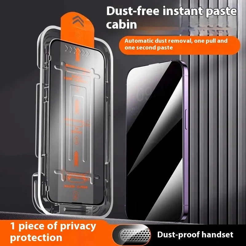 Tempered glass screen protector for iPhone with anti-peep privacy feature, ultra clear option, and dust-free bin