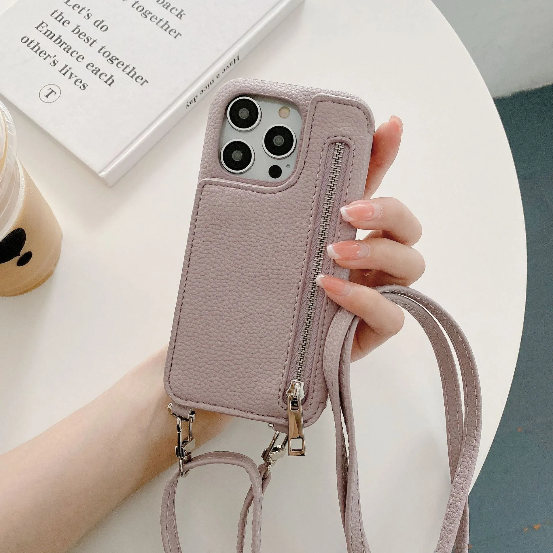 Lychee pattern imitation leather two-fold phone case with card slots and mirror, crossbody strap, for iPhone